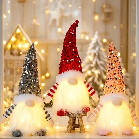 Christmas Faceless Gnome Doll LED Light Sequin Hat Holiday Home Decor Desktop Ornament Cute Rudolf Plush Toy