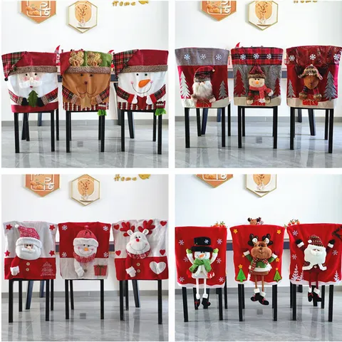Christmas Chair Cover 3D Santa Snowman Cartoon Doll Dining Chair Slipcover Festive Party Restaurant Decor Home Textile