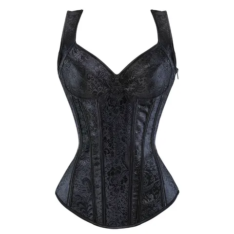 Damen Vintage Jacquard Korsett-Top Breiter Träger Reißverschluss Schnürung Bustier Miederware