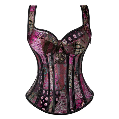 Damen Vintage Jacquard Korsett-Top Breiter Träger Reißverschluss Schnürung Bustier Miederware