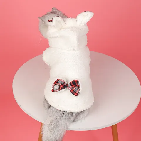 Winter Warm Pet Cotton Vest Fleece Lined Cat Dog Clothes Cute Hooded Lamb Fleece Coat With Plaid Bow For Small Dogs Cats