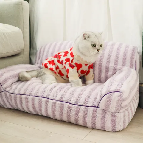 Large Pet Sofa Bed Winter Warm Dog House Removable Washable Plush Striped Cat Nest Comfortable Sleeping Lounger For Dogs Cats