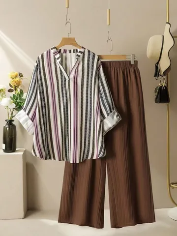 Women Casual Striped Shirt And Wide Leg Pants Set V Neck Long Sleeve Top High Waist Two Piece Outfit Fashion Clothing