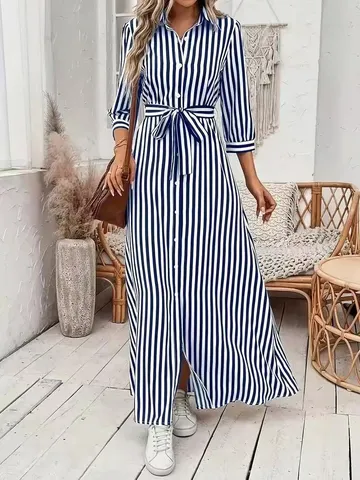 Women Striped Long Shirt Dress Casual V-Neck Single-Breasted Half Sleeve Maxi Dress Beach Resort Style Belted Dress