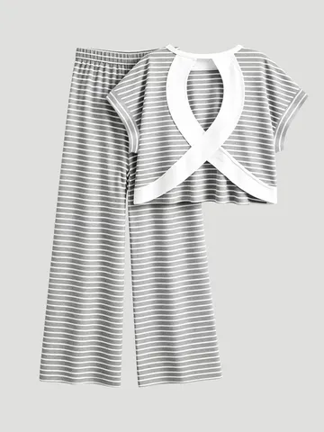 Γυναικείο Casual Σετ Γιλέκο με Ριγέ Color Block Hollow Out και Παντελόνι Wide Leg Καλοκαιρινή Μόδα Loungewear