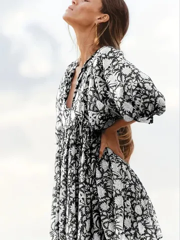 Women Casual Floral Print Midi Dress V-Neck Tie Up Lantern Sleeve Boho Beach Vacation Dress Party Sundress