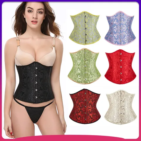 Women's Vintage Court Jacquard Corset Top Metal Busk Waist Cincher Lace Up Bustier Body Shaper Underwear