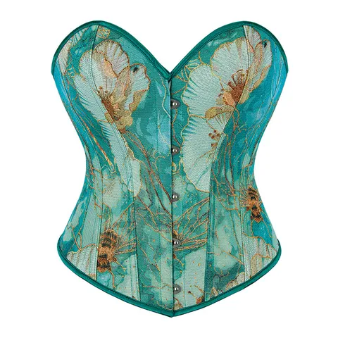 Women's Vintage Court Style Corset Top Green Bee Jacquard Sleeveless Square Neck Front Button Lace-Up Slimming Bustier