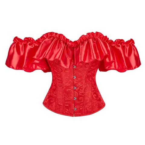 Women's Retro Court Style Satin Corset Top Off-the-Shoulder Ruffle Sleeve Lace-up Slim Body Shaping Bustier