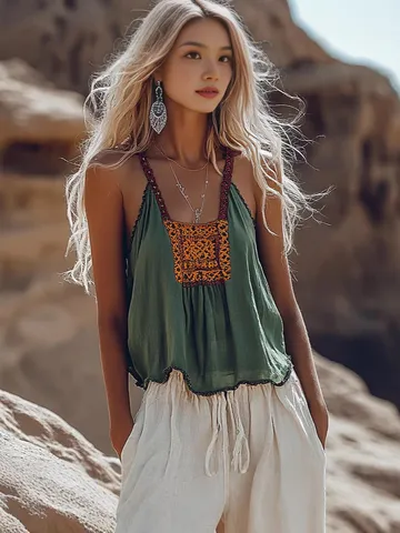 Women Chinese Style Retro Cotton Linen Camisole Top Summer Ethnic Embroidery Patchwork Sleeveless Cami Tank Top