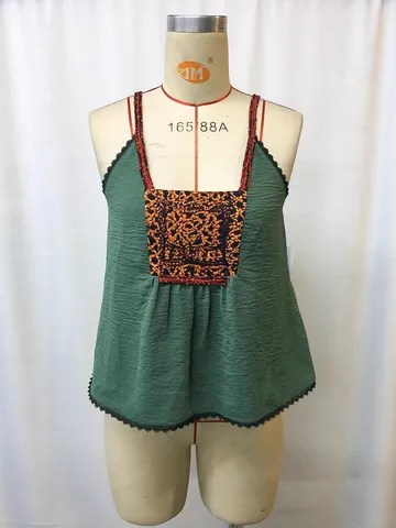 Women Chinese Style Retro Cotton Linen Camisole Top Summer Ethnic Embroidery Patchwork Sleeveless Cami Tank Top