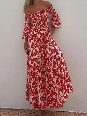 Women's Elegant Floral Printed Off Shoulder Flare Sleeve Pleated Long Maxi Dress Casual Vacation Swing Dress