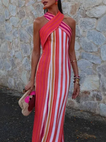 Women Summer Elegant Cross Halter Sleeveless Slim Long Striped Dress Casual Commuting Maxi Dress