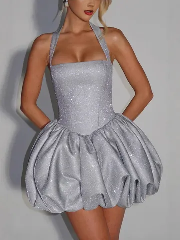Women's Sexy Halter Neck Sparkly Sequin Mini Dress Fashion Slim Fit Backless Party Clubwear Puffy Short Dress