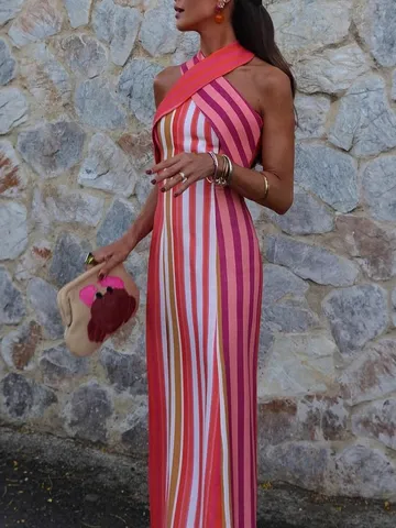Women Summer Elegant Cross Halter Sleeveless Slim Long Striped Dress Casual Commuting Maxi Dress