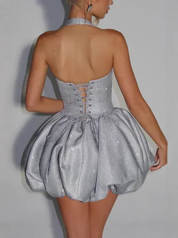 Women's Sexy Halter Neck Sparkly Sequin Mini Dress Fashion Slim Fit Backless Party Clubwear Puffy Short Dress