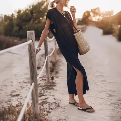 Women's Casual Crew Neck Short Sleeve Solid Color A-Line Maxi Dress Loose Comfortable Long Dress Commuter Style Viscose Fiber