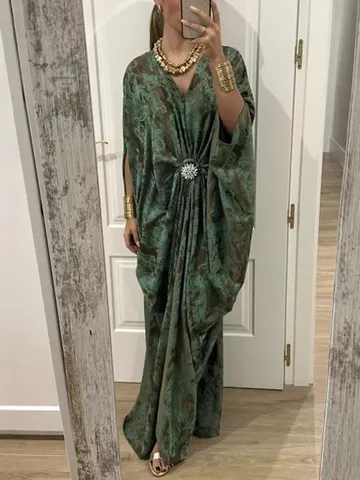 Women's Casual Batwing Sleeve Maxi Dress V-Neck Floral Animal Print Long Dress With Rhinestone Brooch