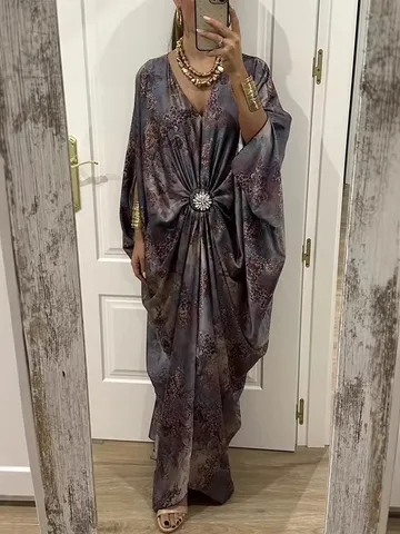 Women's Casual Batwing Sleeve Maxi Dress V-Neck Floral Animal Print Long Dress With Rhinestone Brooch