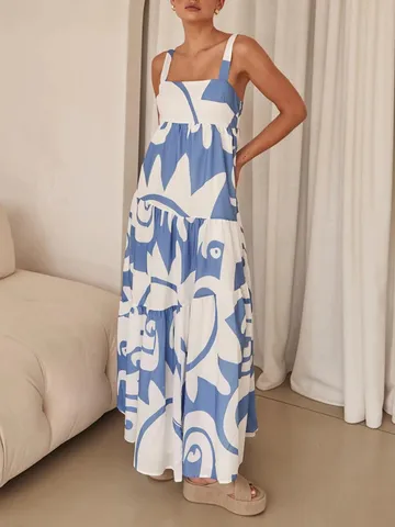 Women's Elegant Square Neck Sleeveless Abstract Print Maxi Dress Long Casual Vacation Party Dress