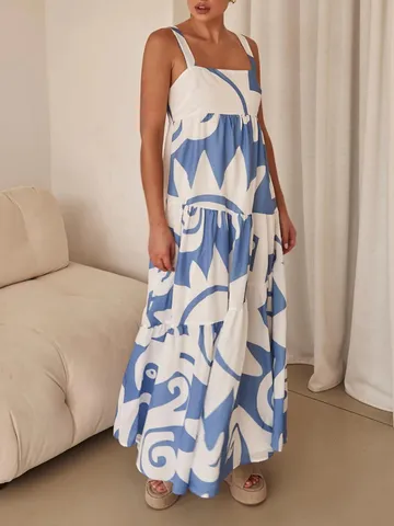 Women's Elegant Square Neck Sleeveless Abstract Print Maxi Dress Long Casual Vacation Party Dress