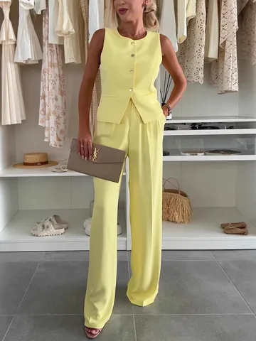 Women Casual Linen Blend Vest And Long Pants Set Solid Color Single Breasted Office Business Suit Two Piece Outfit