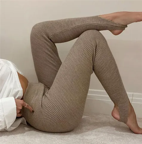 Women's High Waist Ribbed Stirrup Leggings Casual Solid Color Slim Fit Sports Pants