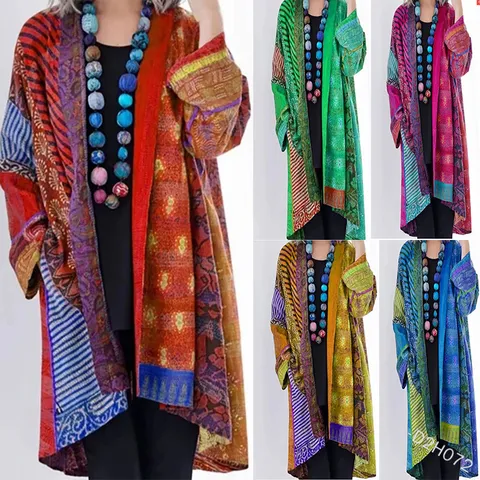 Women's Casual Cotton Linen Cardigan Loose Long Sleeve Open Front Printed Bohemian Ethnic Style Outerwear Top