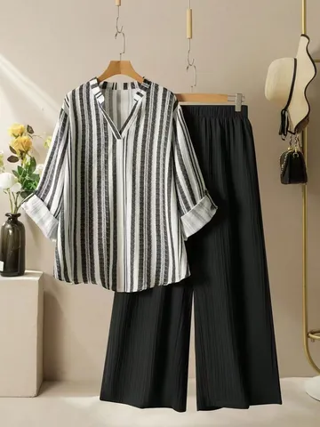 Women Casual Striped Shirt And Wide Leg Pants Set V Neck Long Sleeve Top High Waist Two Piece Outfit Fashion Clothing