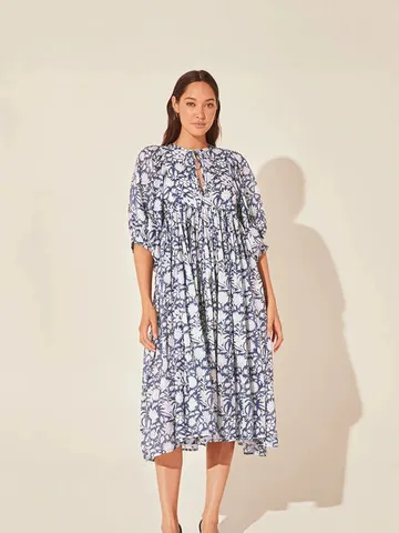 Women Casual Floral Print Midi Dress V-Neck Tie Up Lantern Sleeve Boho Beach Vacation Dress Party Sundress