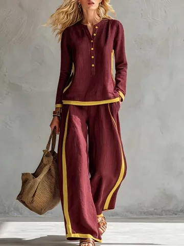 Conjunto Casual de Mujer con Bloque de Color Imitación Lino Top de Manga Larga y Pantalón Ancho
