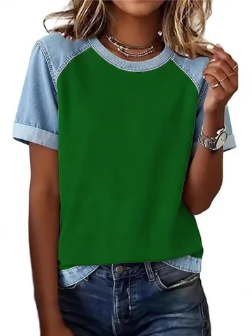 T-shirt Décontracté en Polyester pour Femmes Col Rond Manches Courtes Top Impression Numérique 3D Style Patchwork Denim
