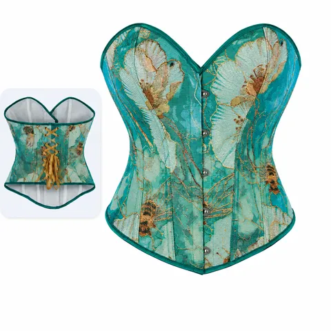 Women's Vintage Court Style Corset Top Green Bee Jacquard Sleeveless Square Neck Front Button Lace-Up Slimming Bustier