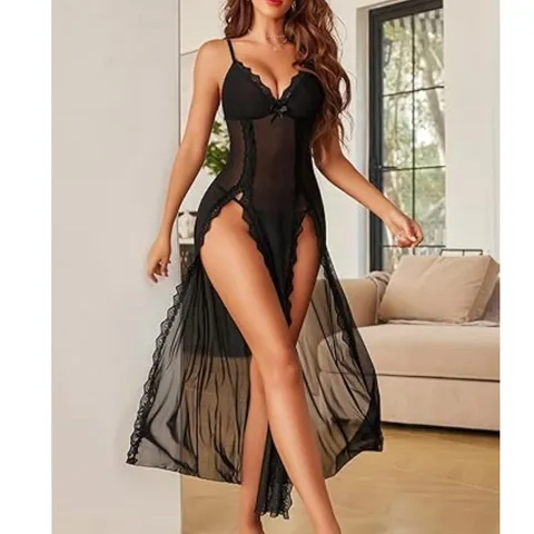 Women Sexy Sheer Lace Long Sleepwear V-Neck High Split Nightgown Elegant Lingerie Sleep Dress For Adult