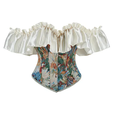 Women's Vintage Court Style Jacquard Corset Top Ruffle Off Shoulder Front Button Lace Up Bustier Body Shaping Vest