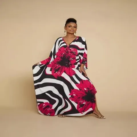 Abito Lungo Maxi Stampa 3D Boho Vacanza Donna Largo Scollo a V Manica a Pipistrello Kaftan Protezione Solare Spiaggia