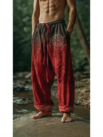Men's Vintage Viking Rune Print Slub Linen Lantern Pants Ethnic Loose Harem Trousers With Drawstring Waist Casual Graphic Outdoor Pants