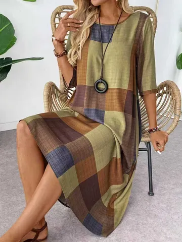 Women's Vintage Color Block Plaid Dress 3D Geometric Print Loose Fit A-Line Midi Dress Casual Retro Half Sleeve Pullover Gown