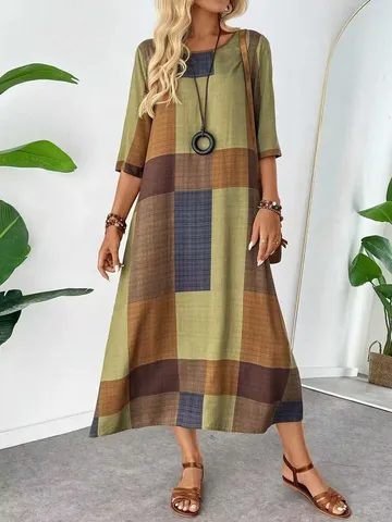 Women's Vintage Color Block Plaid Dress 3D Geometric Print Loose Fit A-Line Midi Dress Casual Retro Half Sleeve Pullover Gown