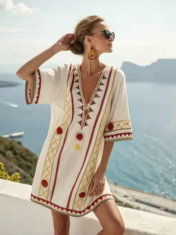 Women Bohemian 3D Print V-Neck Dress Summer Beach Cover Up Loose Short Sleeve Vacation Midi Dress Polyester Sundress