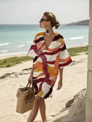 Women Bohemian 3D Print V-Neck Dress Summer Beach Cover Up Loose Short Sleeve Vacation Midi Dress Polyester Sundress