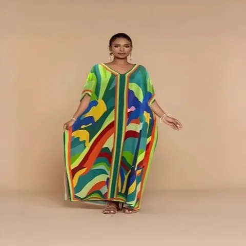 Women Ethnic Print Robe Loose Vacation Style 3D Floral Geometric Printed Kimono Beach Cover Up Sun Protection Robe Dress