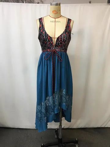 Abito Midi da Donna Vintage Stile Western Cowboy Casual Stampato Patchwork Pizzo Senza Maniche Scollo a V Moda Estiva