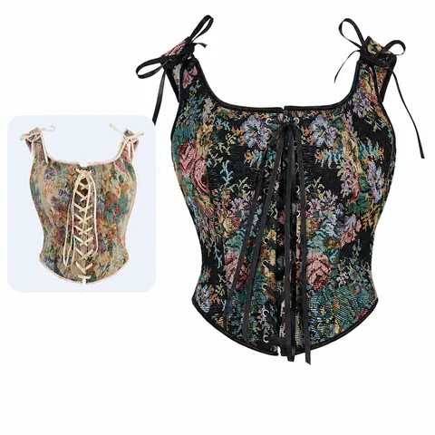 French Vintage Peony Print Corset Top For Women Polyester Lace Up Boning Body Shaper Bustier Camisole Shapewear Vest Top