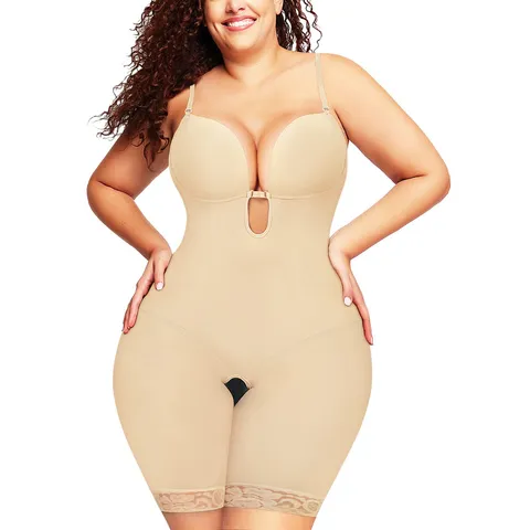Women's Seamless Cami Shapewear U Plunge Low Back Tummy Control Butt Lifter Bodysuit Slimming Lace Trim Sexy Lingerie
