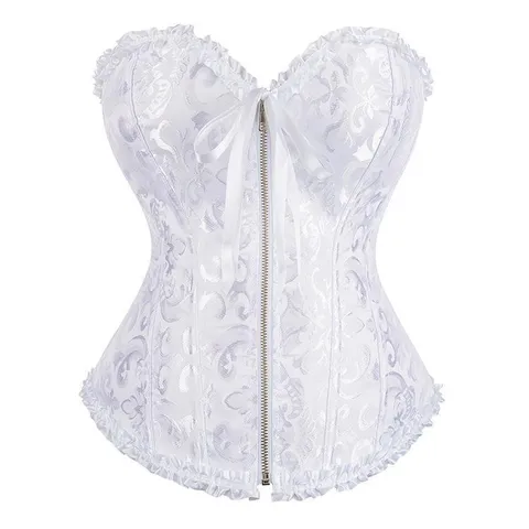 Women Vintage Jacquard Corset Top Victorian Ruffle Front Zipper Overbust Bustier Waist Trainer Polyester Vest For Party Wedding Daily