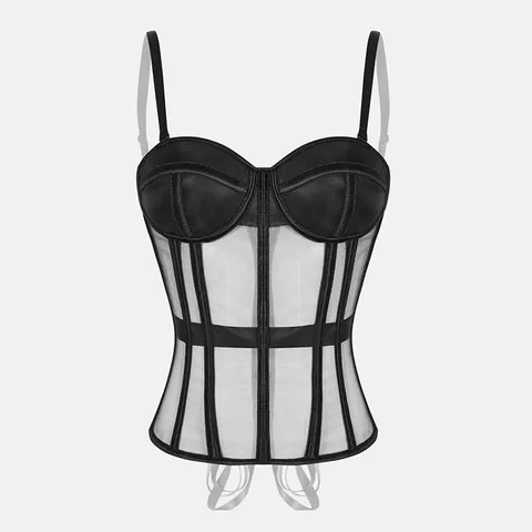 French Style Soft Underwire Corset Top Mesh Patchwork Bustier For Women Sexy Slim Fit Shaping Vest With Back Lace Up