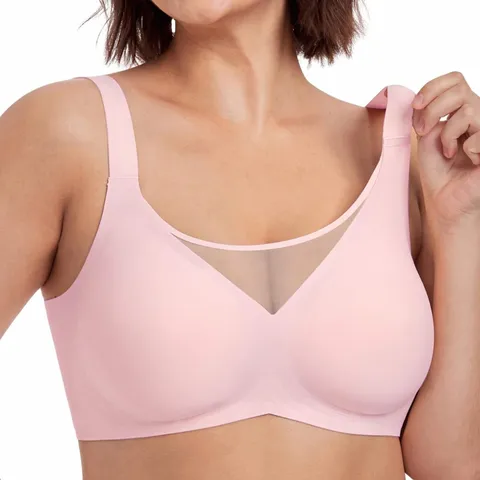 Women Wireless Seamless Bra Large Size Push Up Anti-Sagging Minimizer Lingerie Breathable Mesh V-Neck Full Cup Thin Molded Cup Bralette