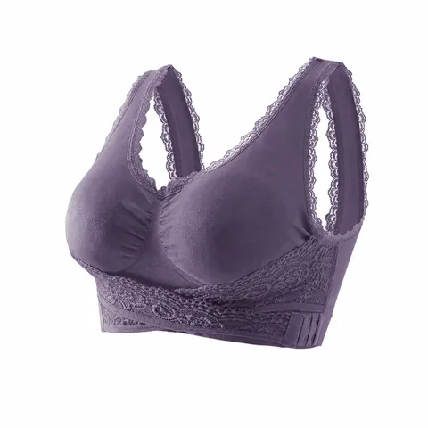 Women Wireless Sports Bra Lace Trim Cross Front Side Buckle Gathered Shockproof Push Up Bralette Comfortable Yoga Running Underwear