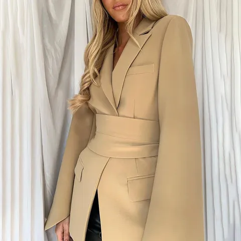Damen Slim Fit Blazer Taillengürtel Einfarbig Revers Langarm Büro Lady Casual Elegant Mode Anzug Jacke Mantel Top
